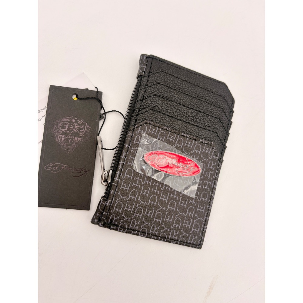 Ed Hardy Skull Rose Heart Butterfly Zip Card‎ Holder Wallet Black Tattoo - Picture 2 of 5
